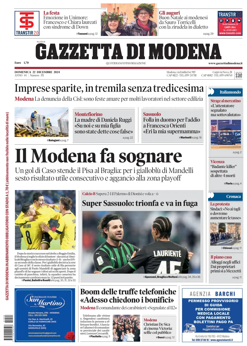 Prima-pagina-gazzetta di modena-oggi-edizione-del-2024-12-22